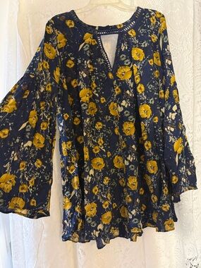 Umgee Navy Floral Tunic with Yellow Blossom Print